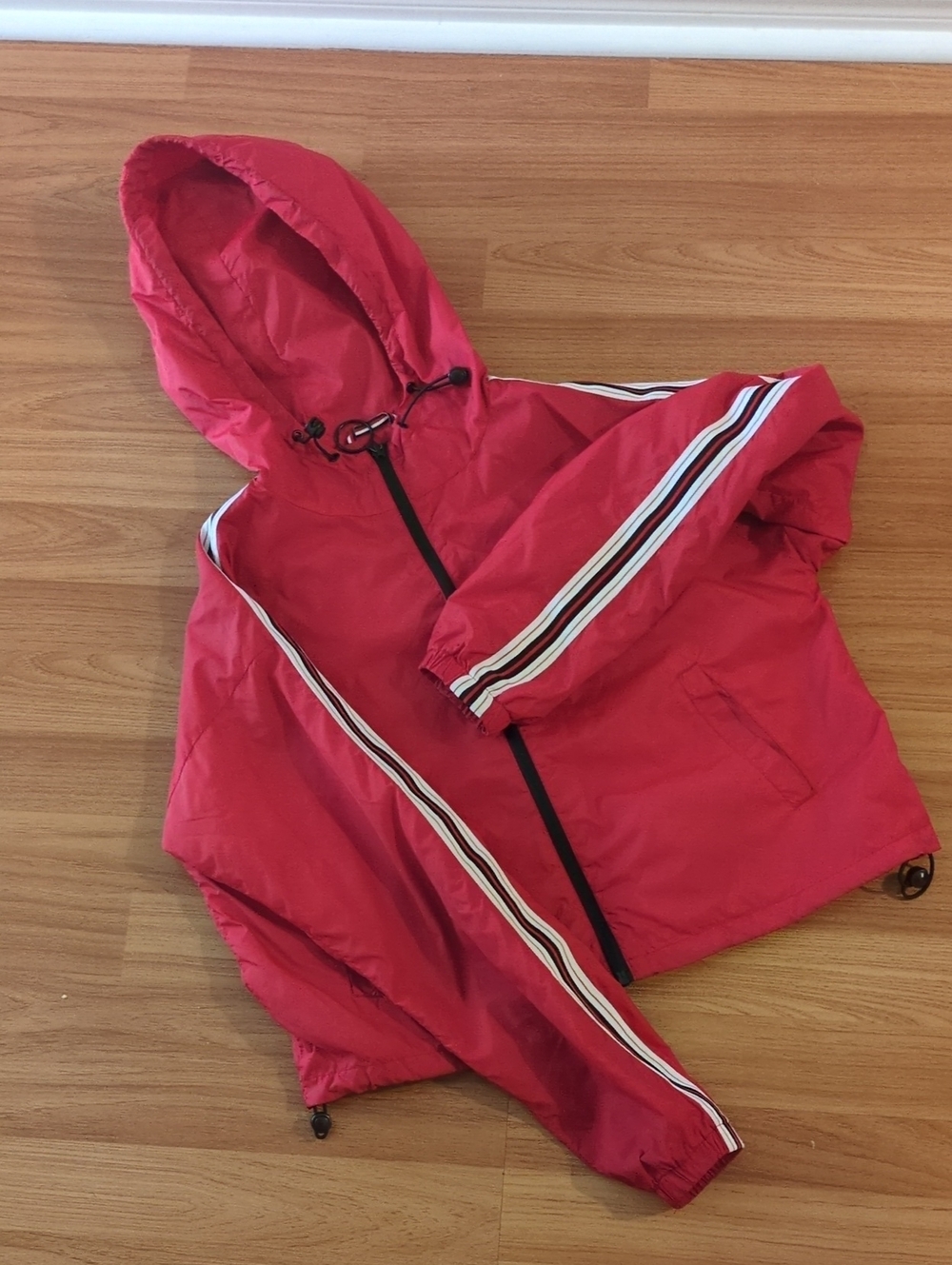 Garage Red Hooded Wind Breaker Jacket with Stripe Trim